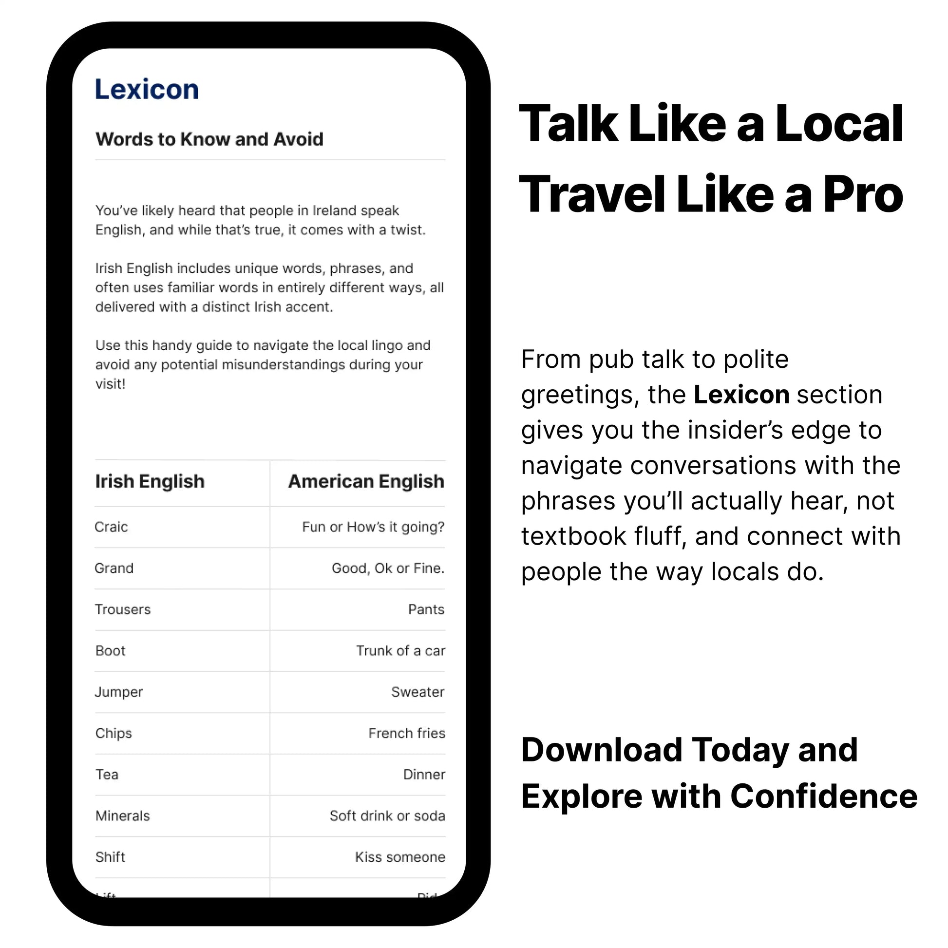 Phone screen displaying a Lexicon guide for Irish English translations with text about navigating local lingo.