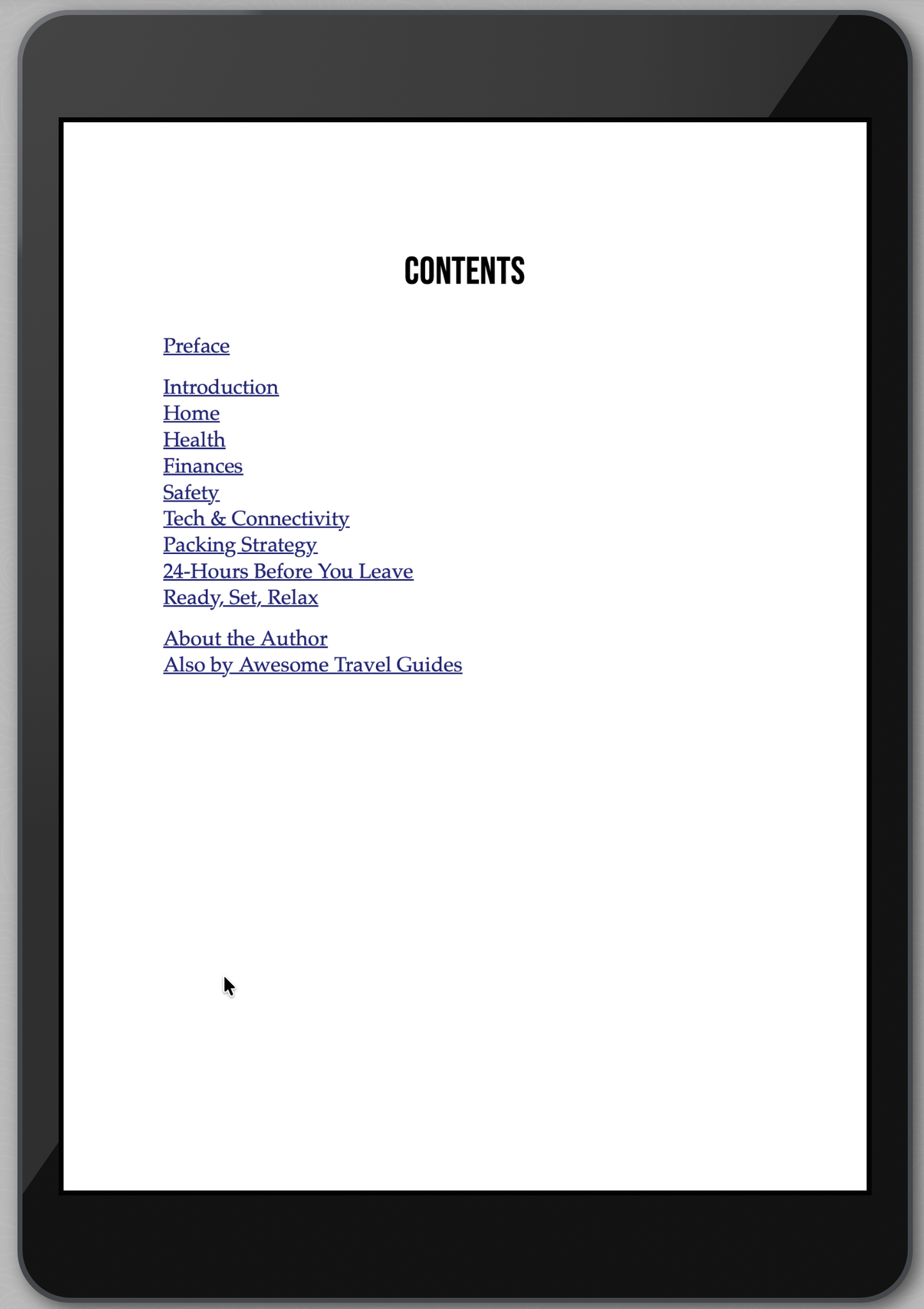 Tablet displaying a digital book with a table of contents on a white background