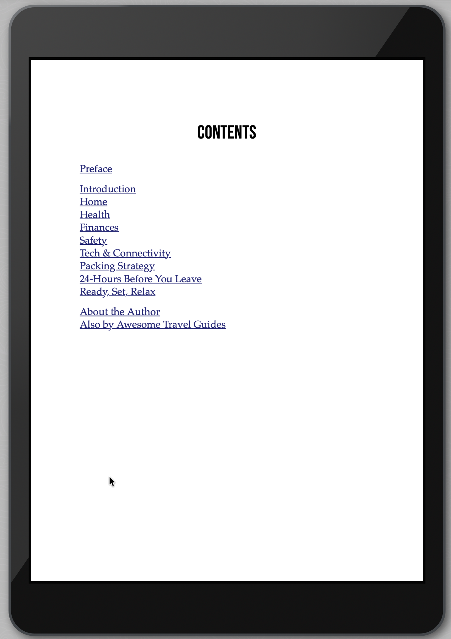 Tablet displaying a digital book with a table of contents on a white background