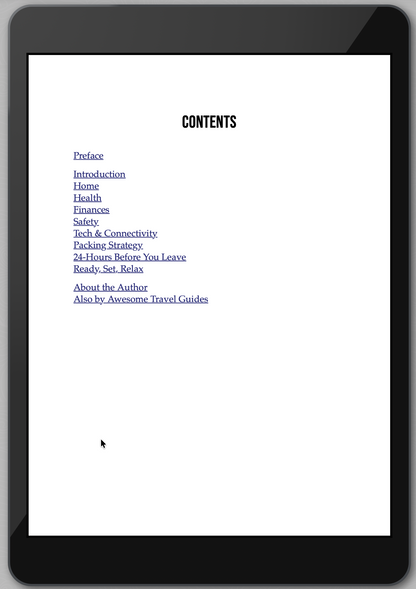 Tablet displaying a digital book with a table of contents on a white background