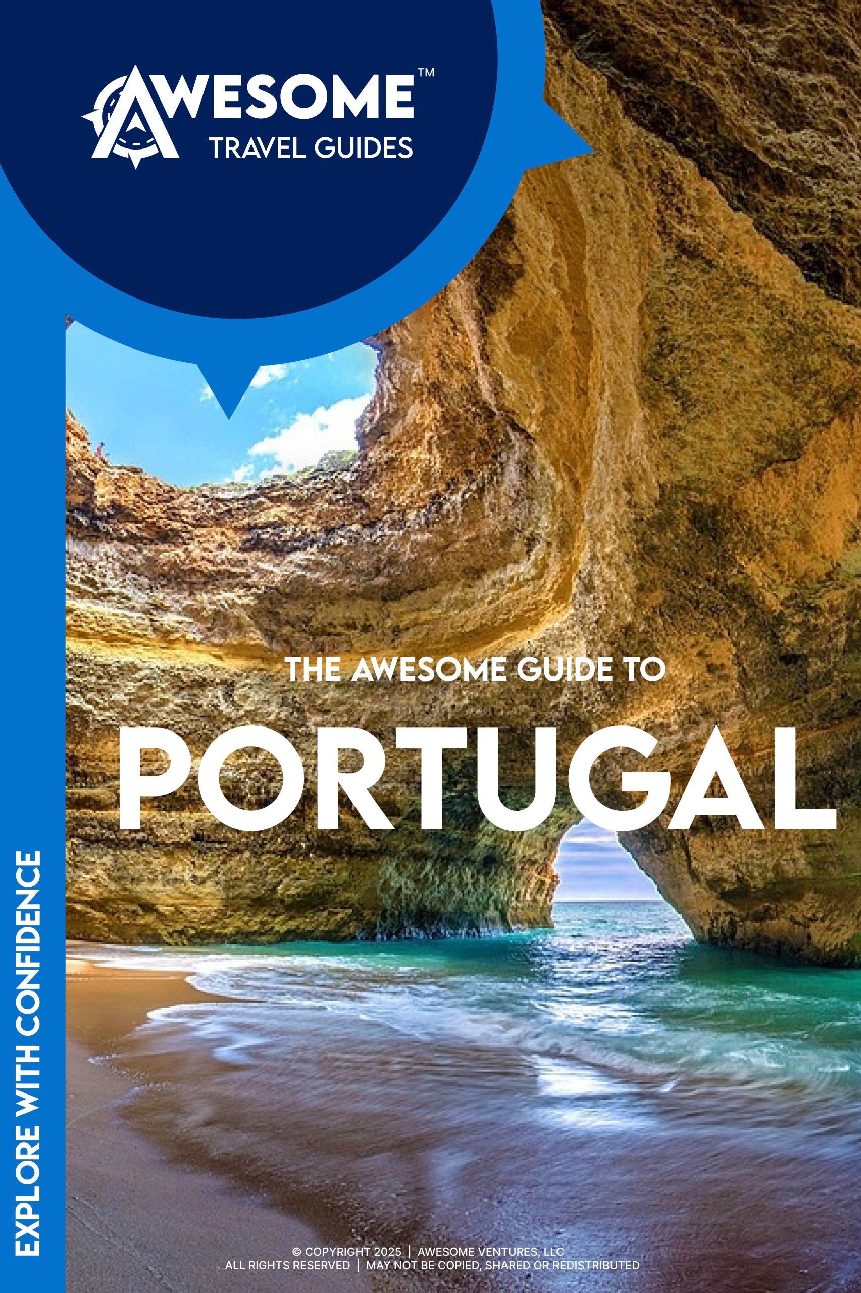 Book cover of 'The Awesome Guide to Portugal' with a scenic view of a beach and cliffs.