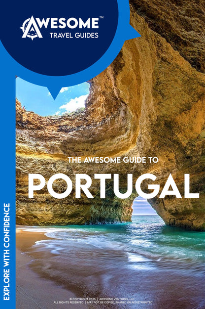 Book cover of 'The Awesome Guide to Portugal' with a scenic view of a beach and cliffs.