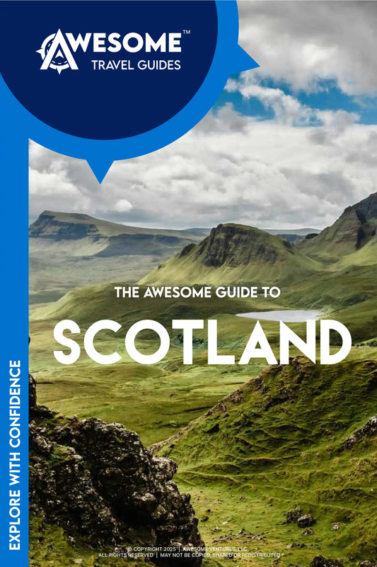 Book cover of 'The Awesome Guide to Scotland' with a scenic view of Scottish landscape.