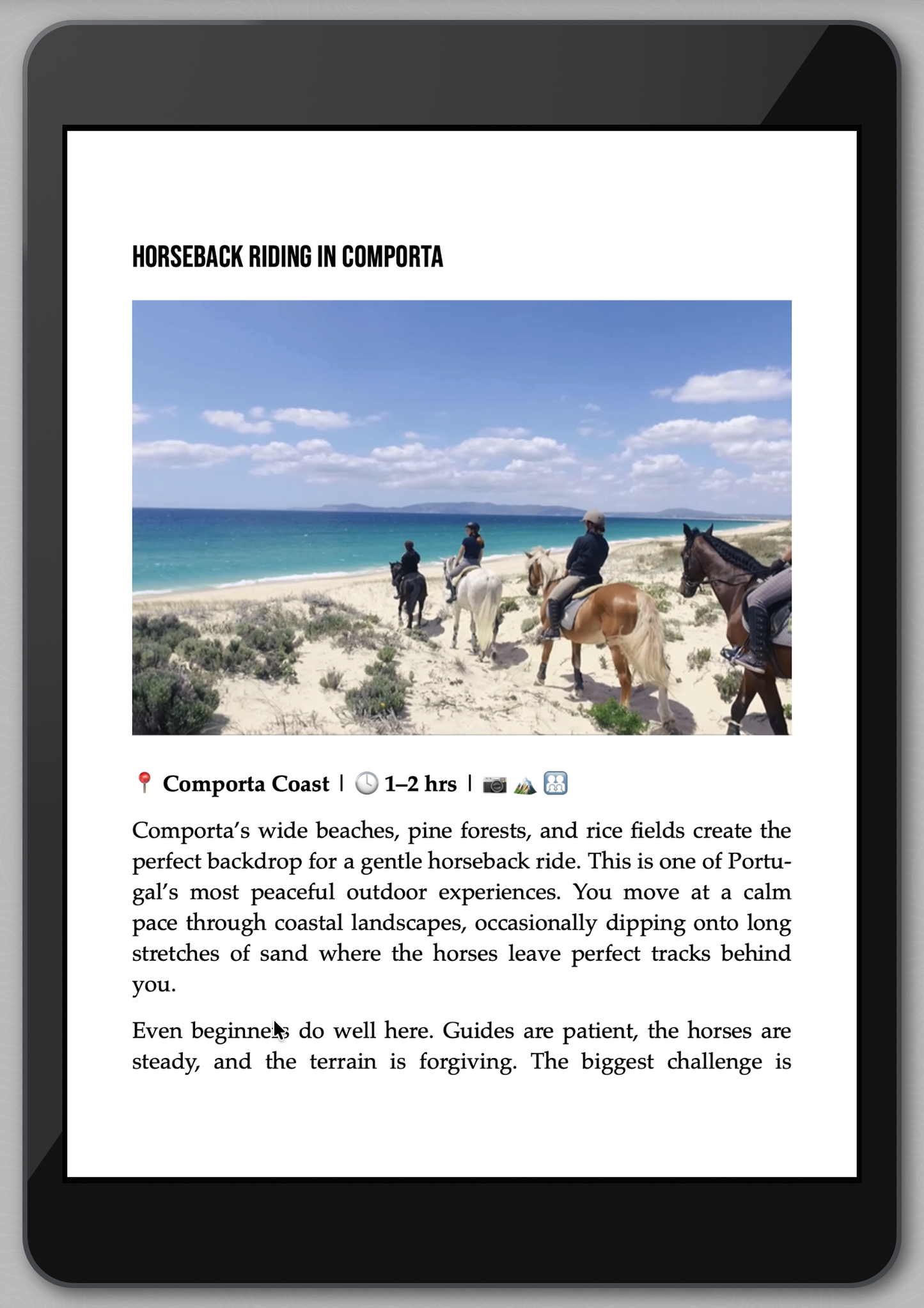 Tablet displaying a horseback riding guide with a scenic image of people on horses by the beach.