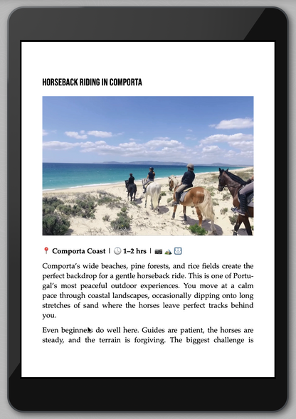 Tablet displaying a horseback riding guide with a scenic image of people on horses by the beach.