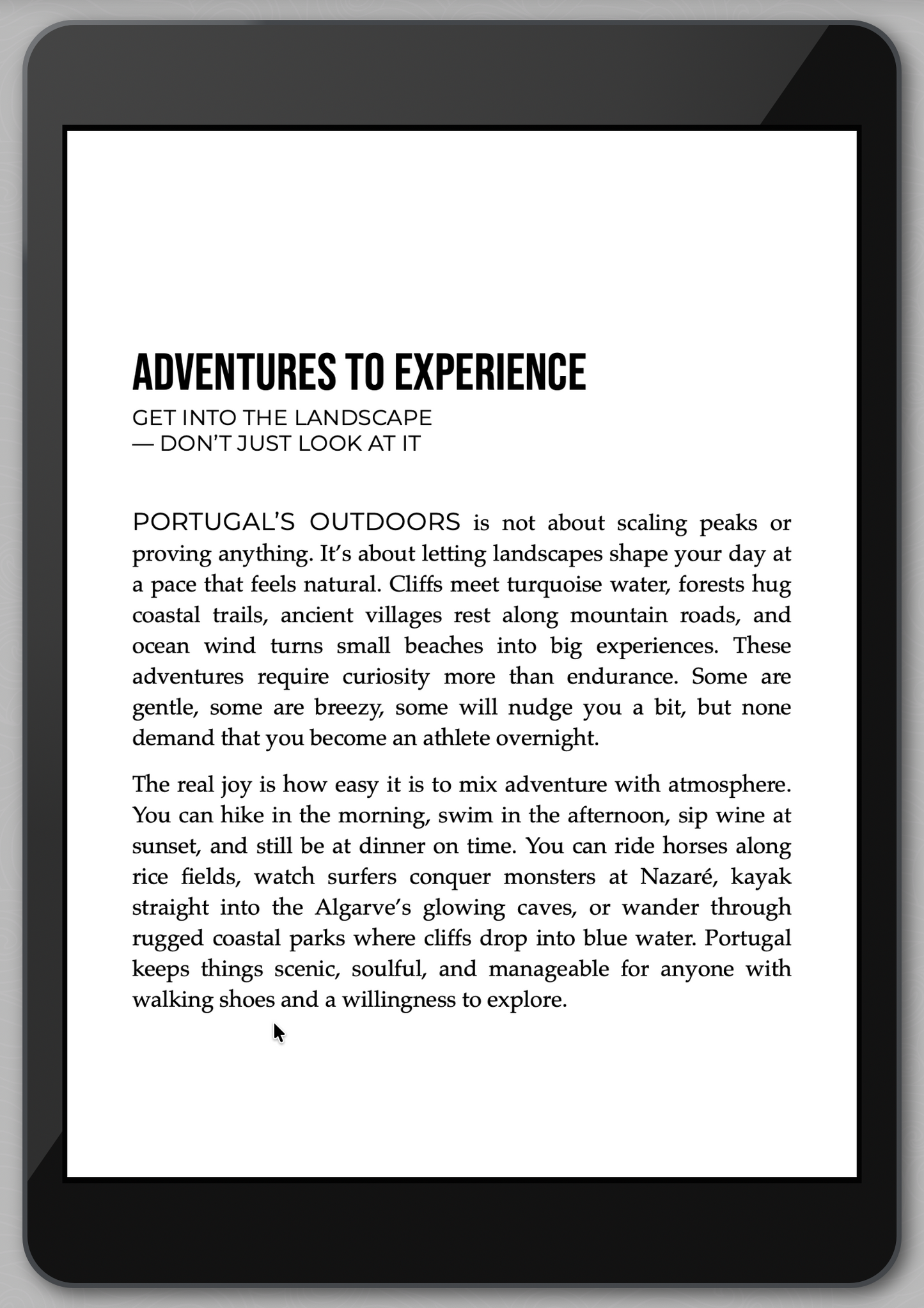 Digital book or e-reader displaying text about exploring Portugal's outdoors.
