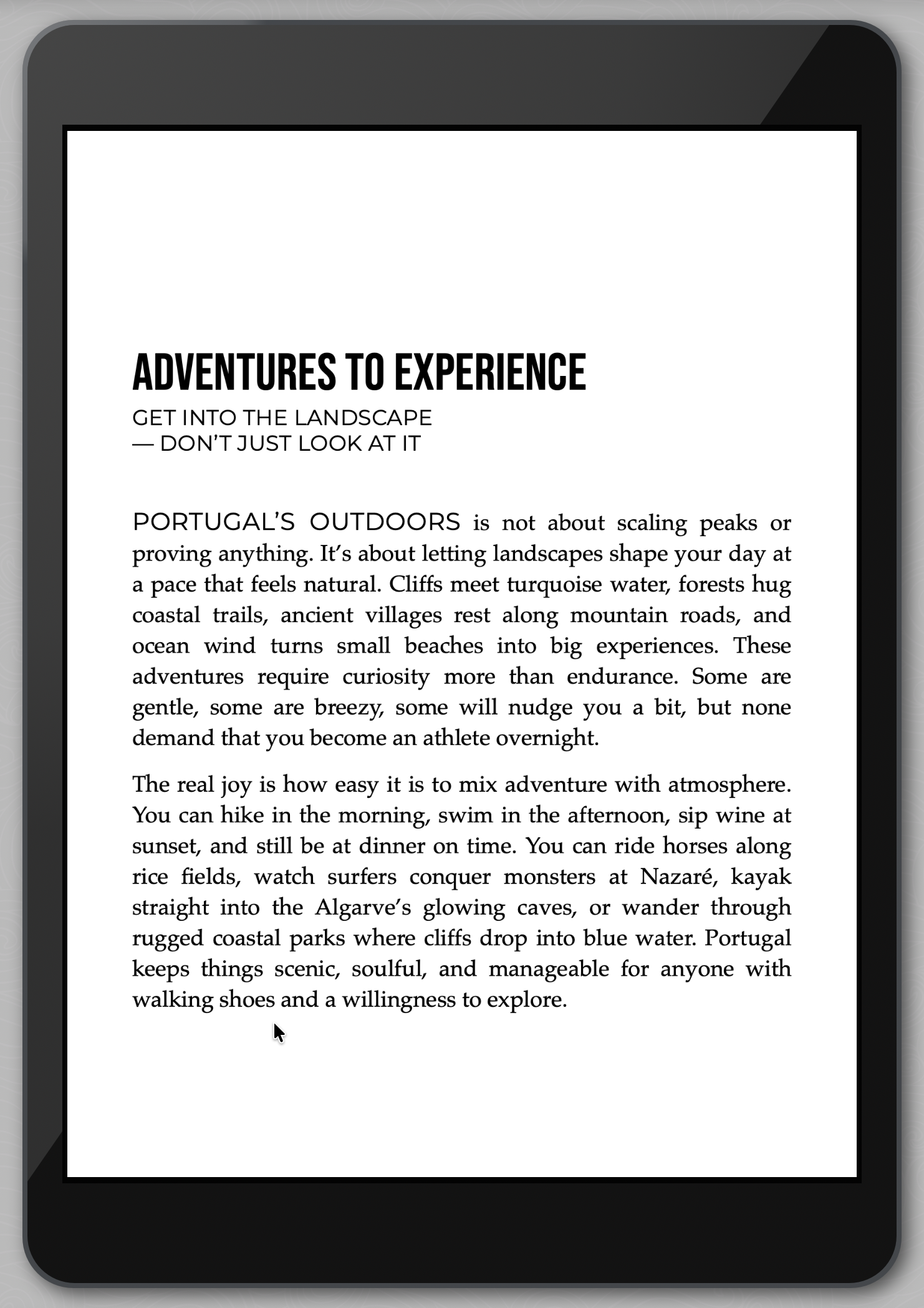 Digital book or e-reader displaying text about exploring Portugal's outdoors.
