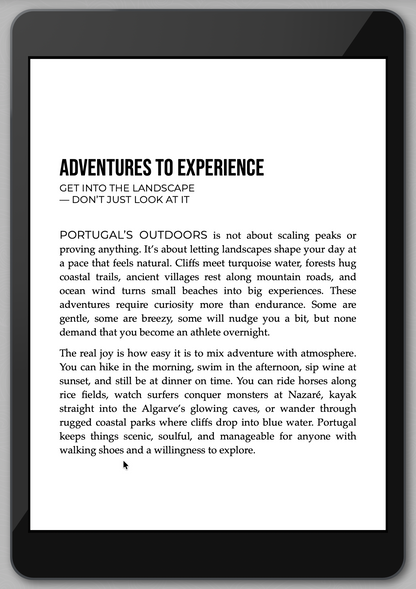 Digital book or e-reader displaying text about exploring Portugal's outdoors.