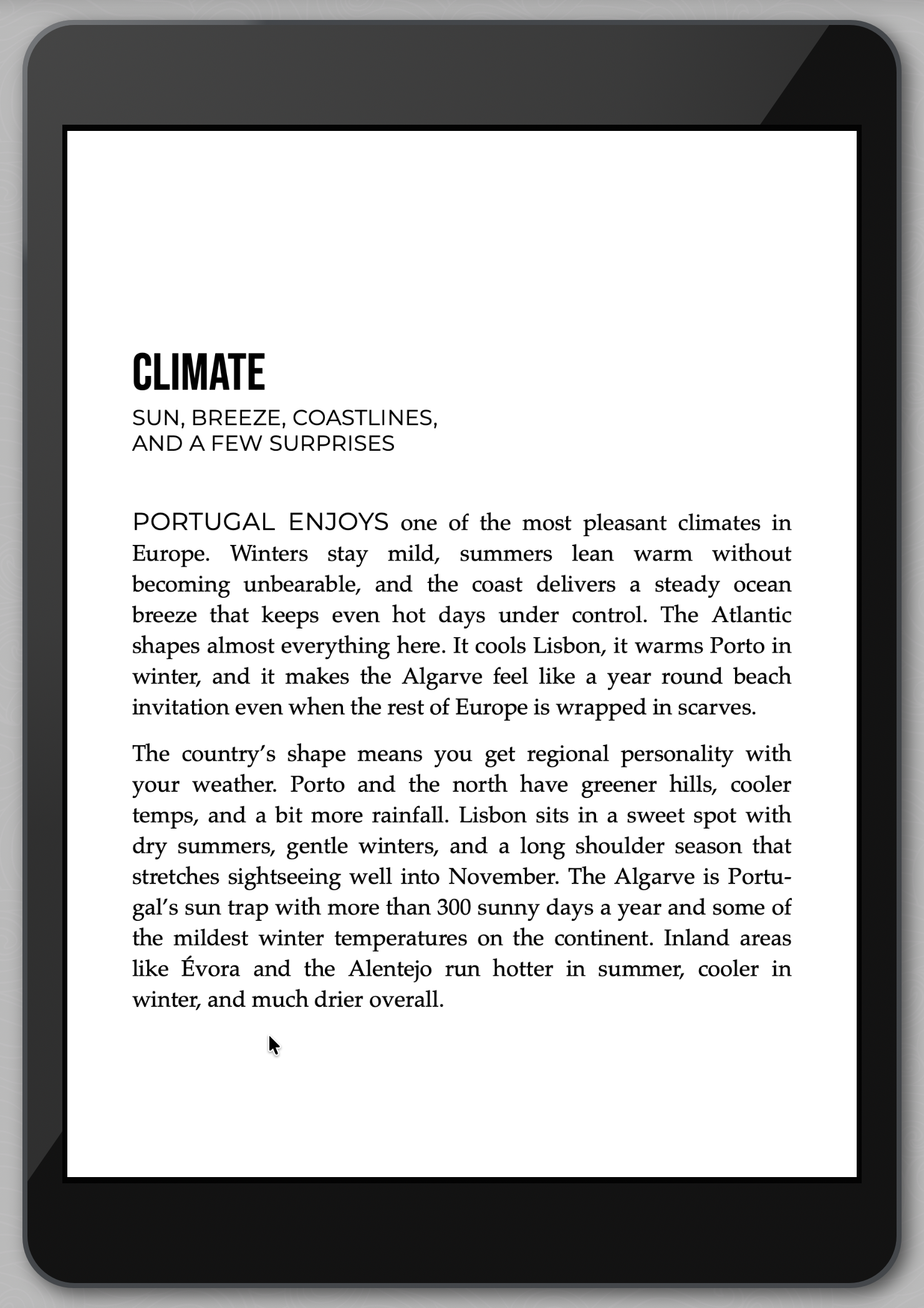 E-reader displaying text about Portugal's climate on a white background