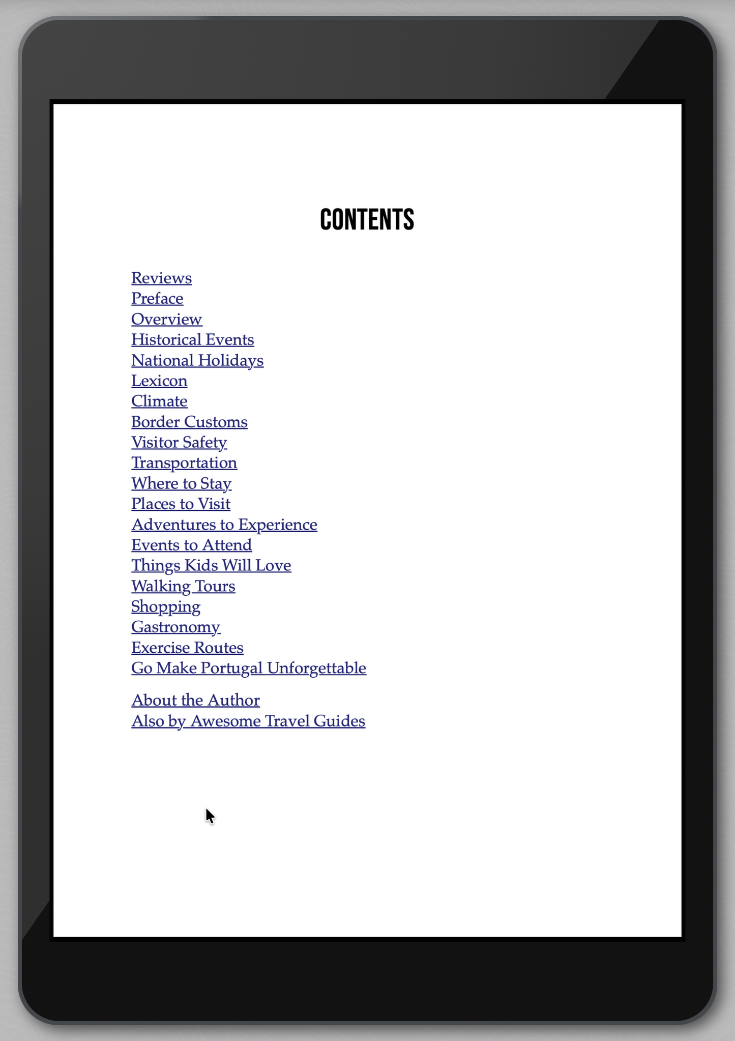 Tablet displaying a travel guide contents page with black border