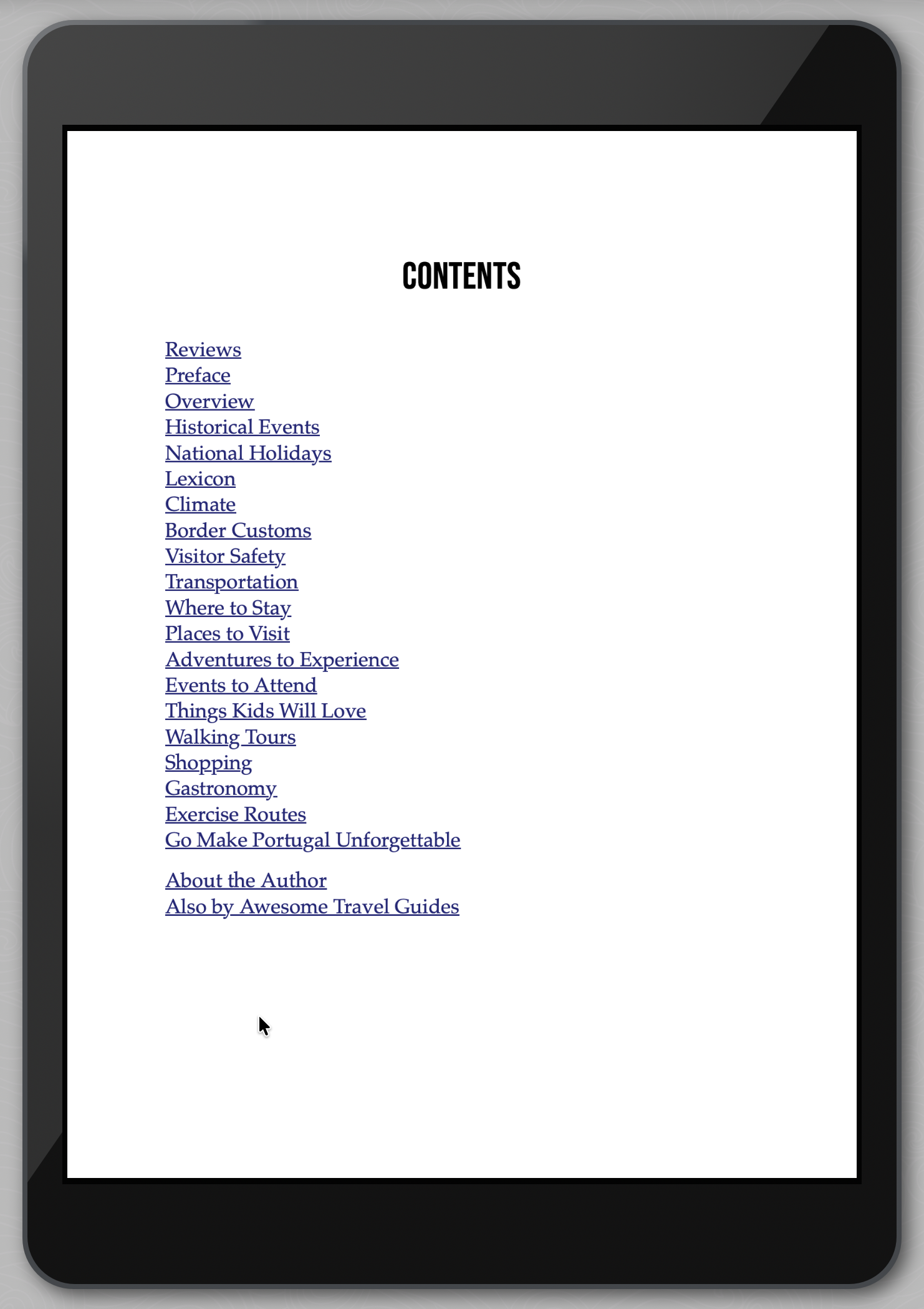 Tablet displaying a travel guide contents page with black border