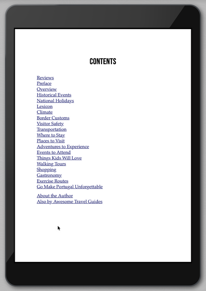 Tablet displaying a travel guide contents page with black border
