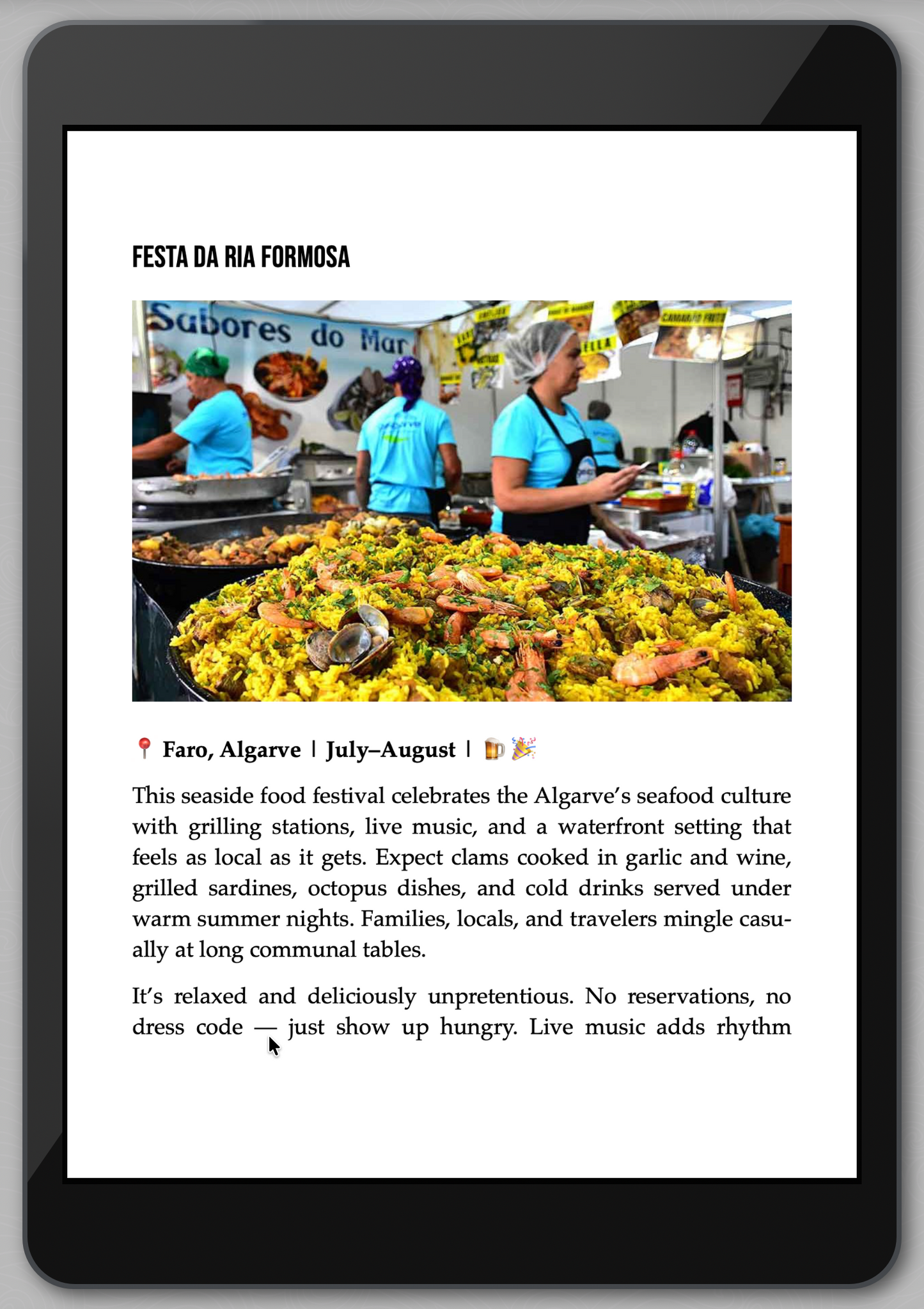 Digital display of a food festival event with images and text on a tablet.