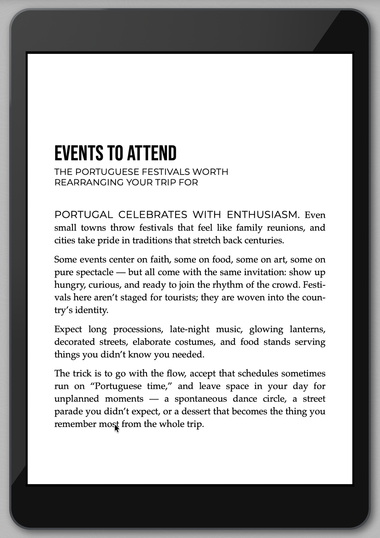 E-reader displaying text about Portuguese festivals on a white background