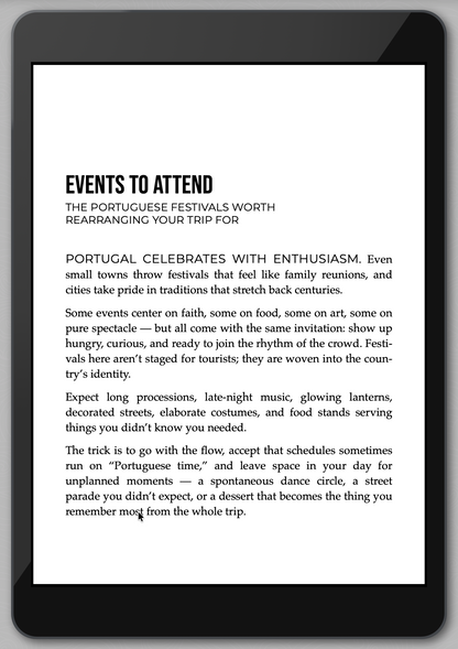 E-reader displaying text about Portuguese festivals on a white background