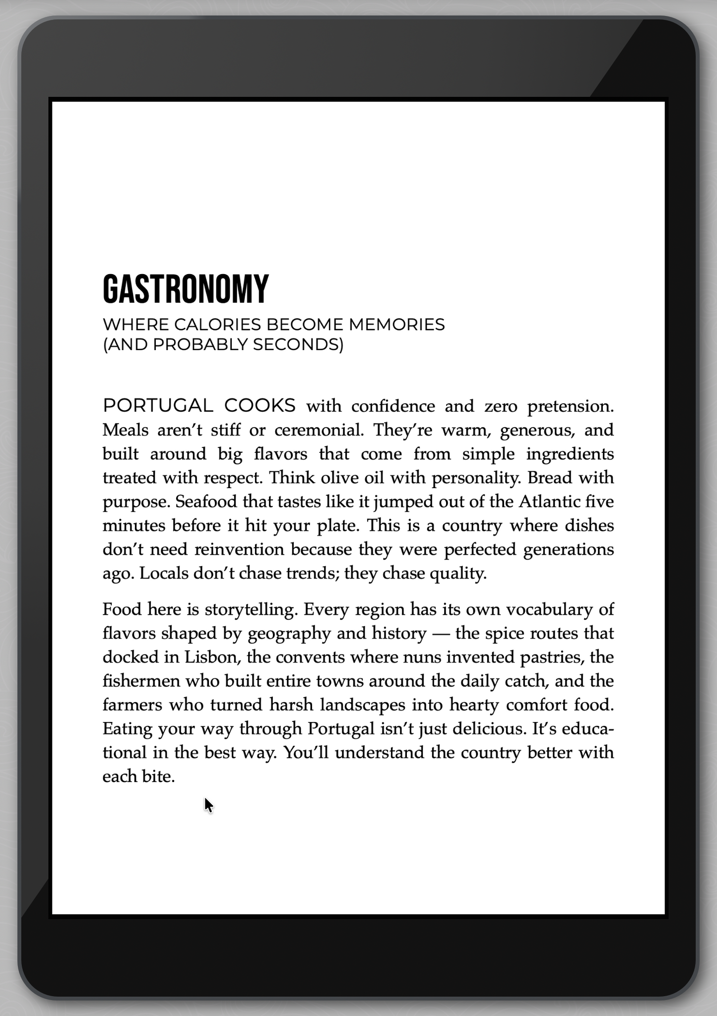 E-reader displaying a text about Portuguese cuisine on a white background