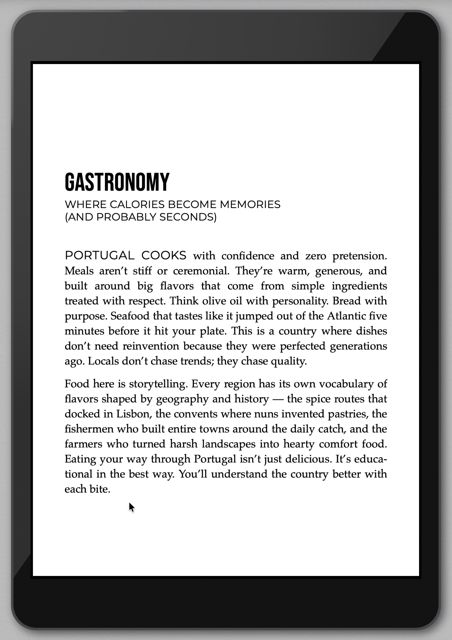 E-reader displaying a text about Portuguese cuisine on a white background
