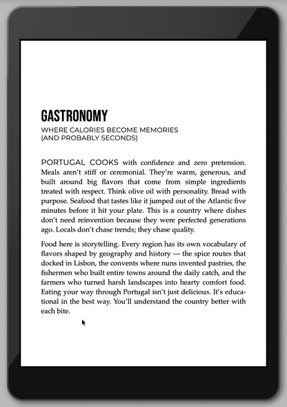 E-reader displaying a text about Portuguese cuisine on a white background