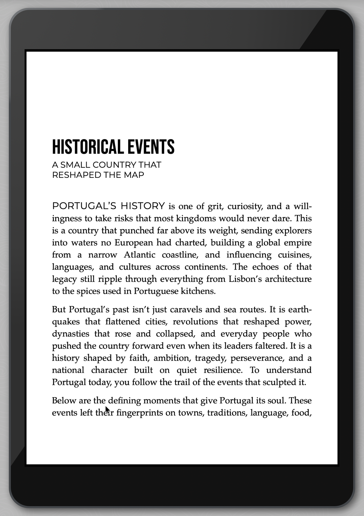 E-reader displaying a text document about Portugal's history
