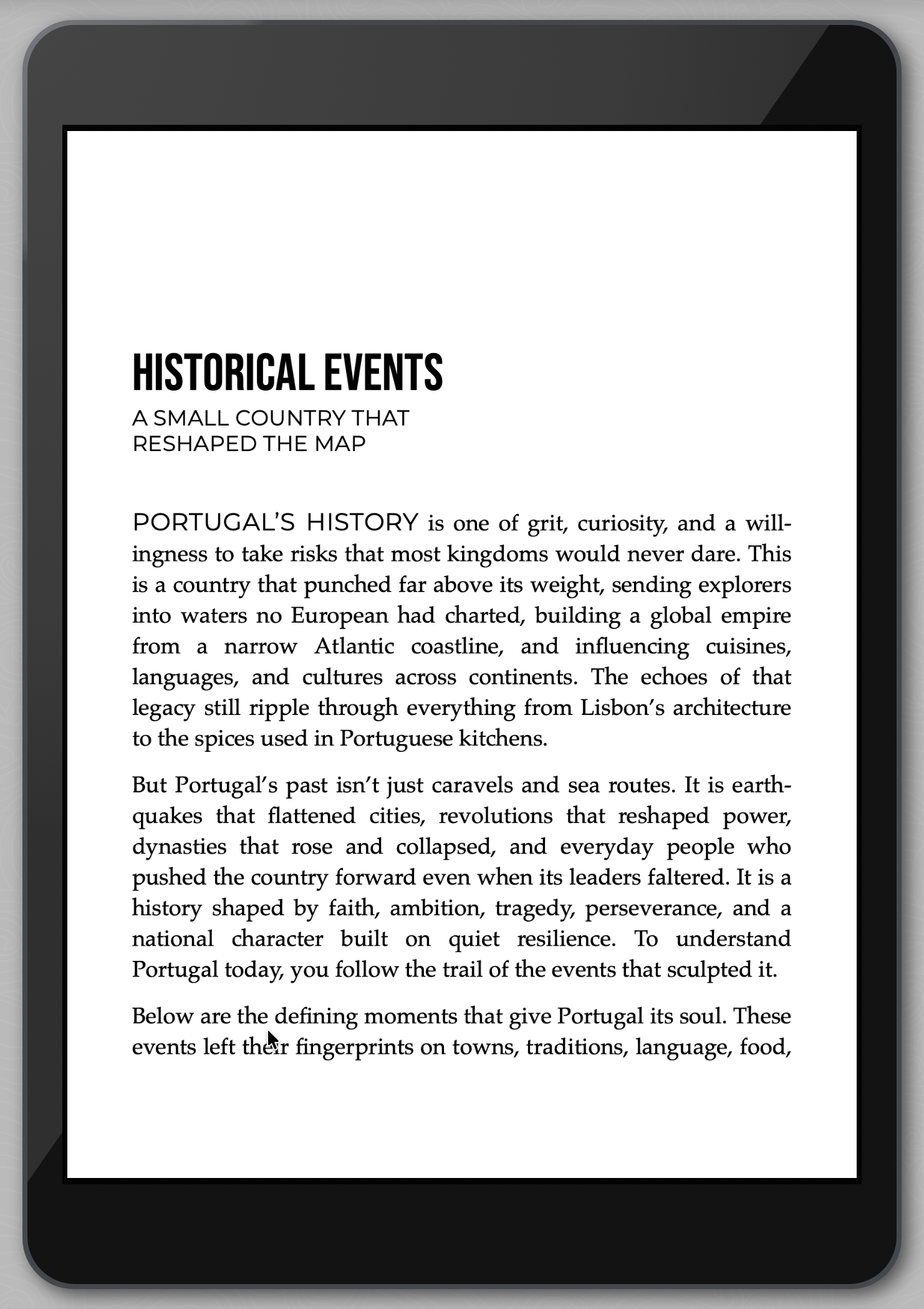 E-reader displaying a text document about Portugal's history