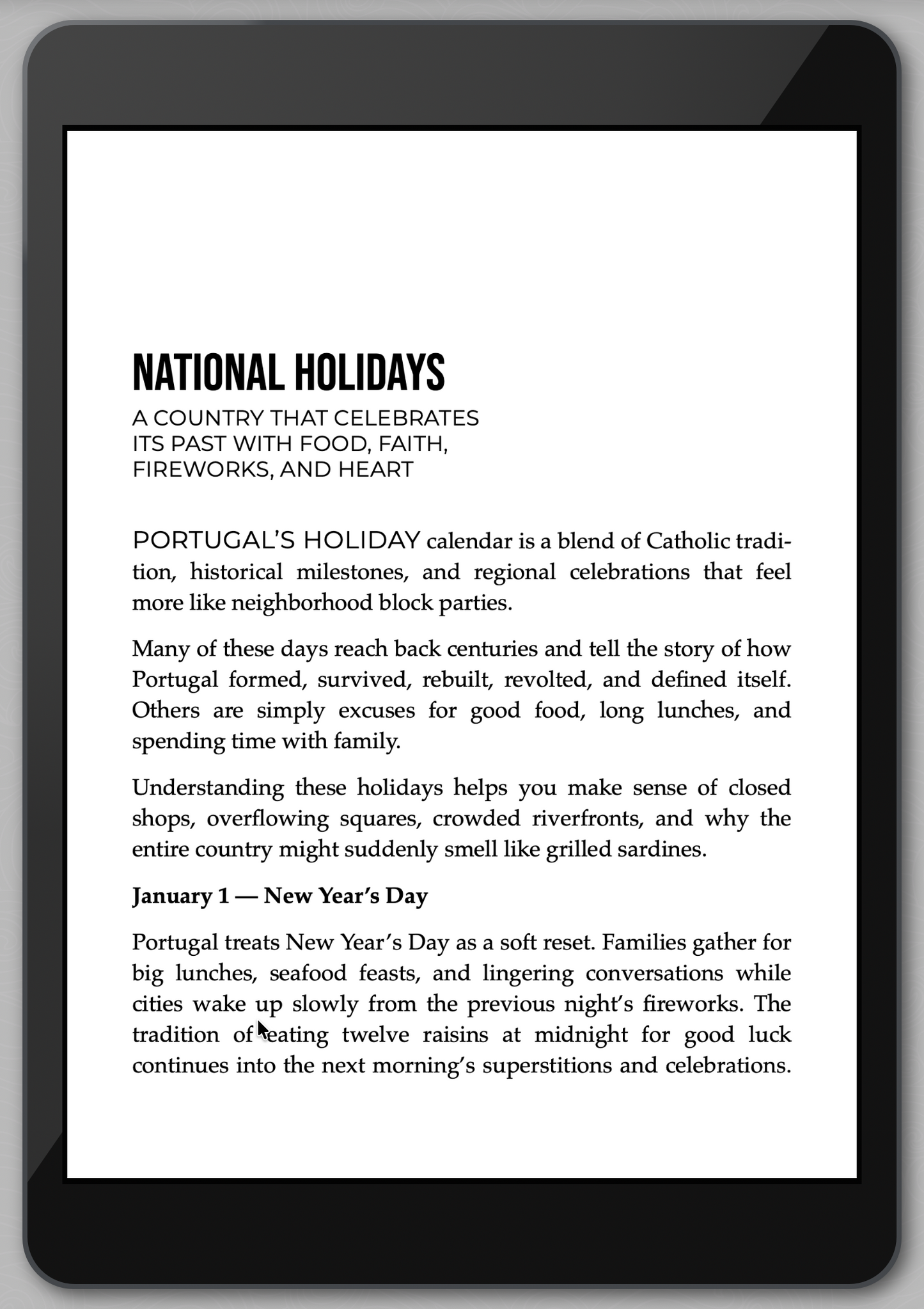 E-reader displaying text about national holidays in Portugal