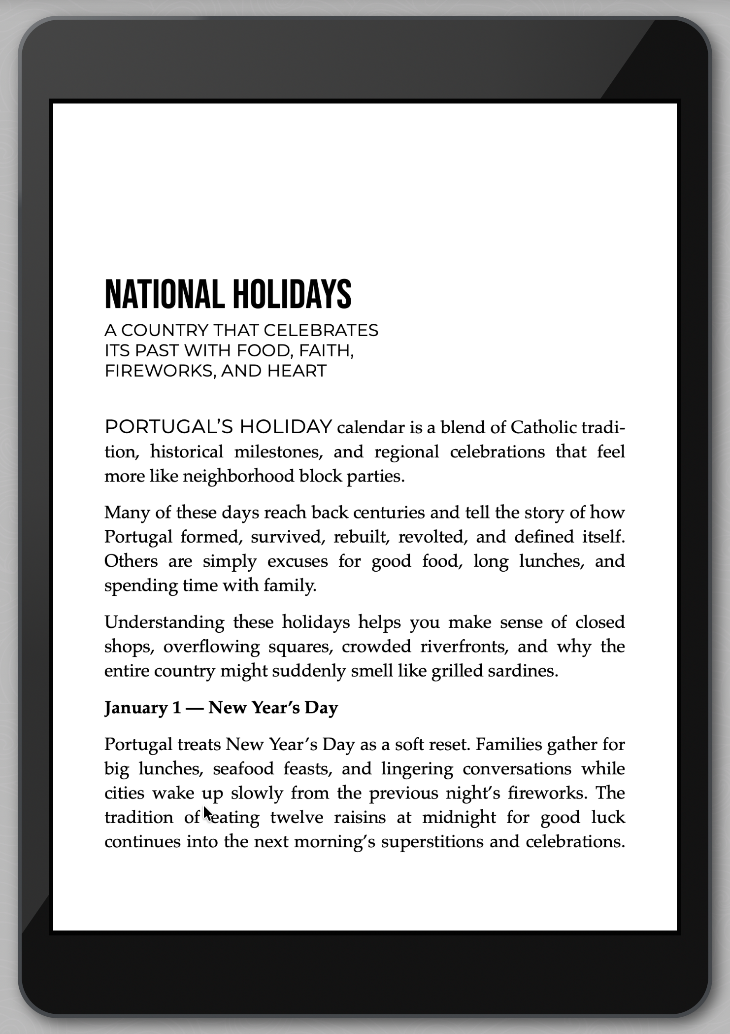 E-reader displaying text about national holidays in Portugal