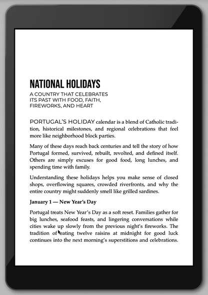 E-reader displaying text about national holidays in Portugal