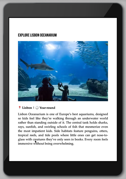 iPad displaying an article about Lisbon Oceanarium with an image of a shark and people underwater.