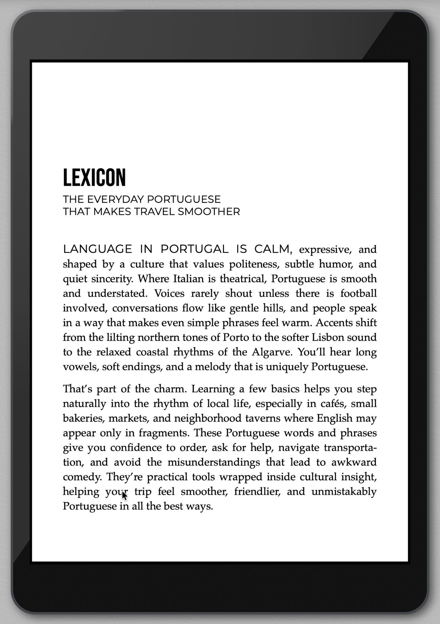 E-reader displaying text about everyday Portuguese on a white background