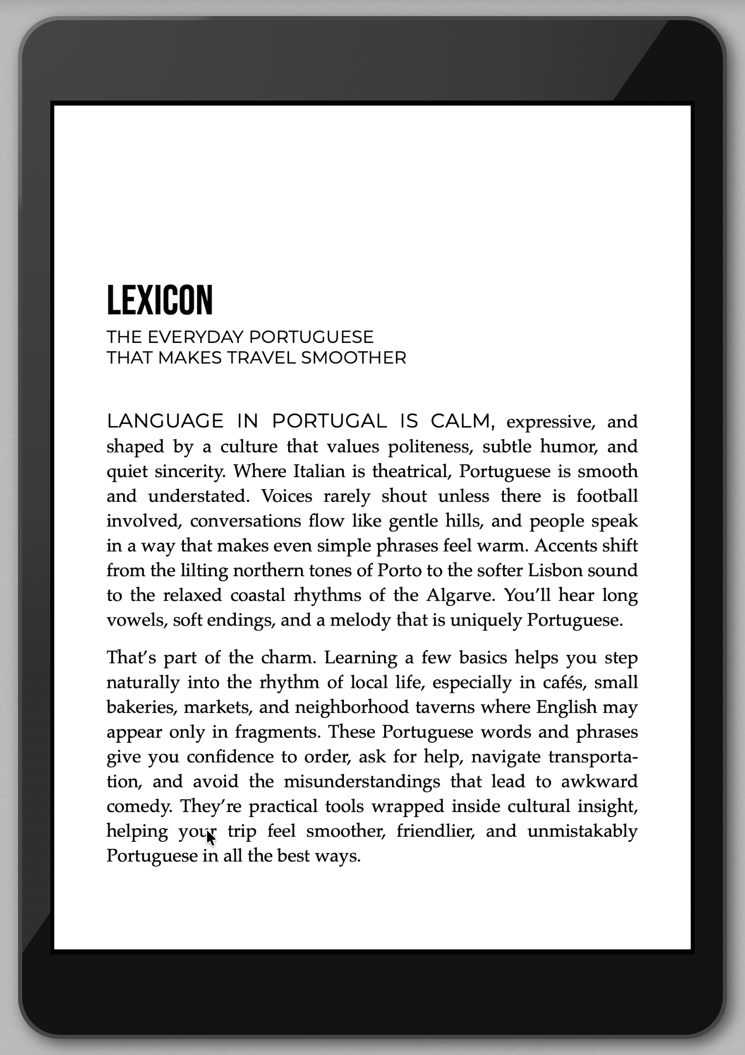 E-reader displaying text about everyday Portuguese on a white background