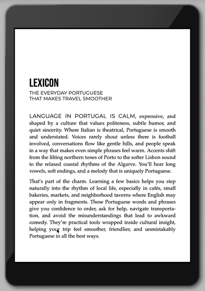 E-reader displaying text about everyday Portuguese on a white background