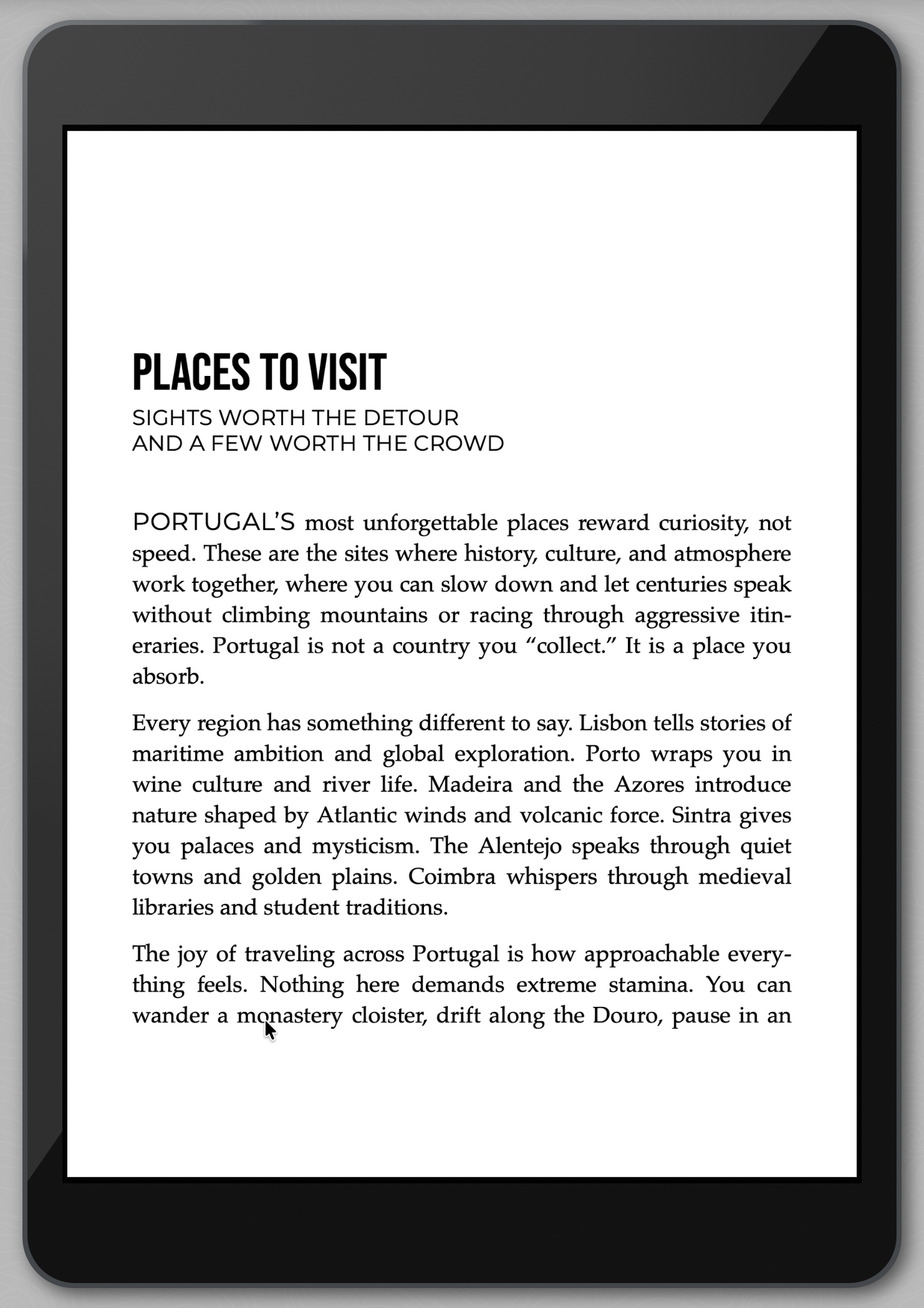 E-reader displaying a text document about places to visit in Portugal.