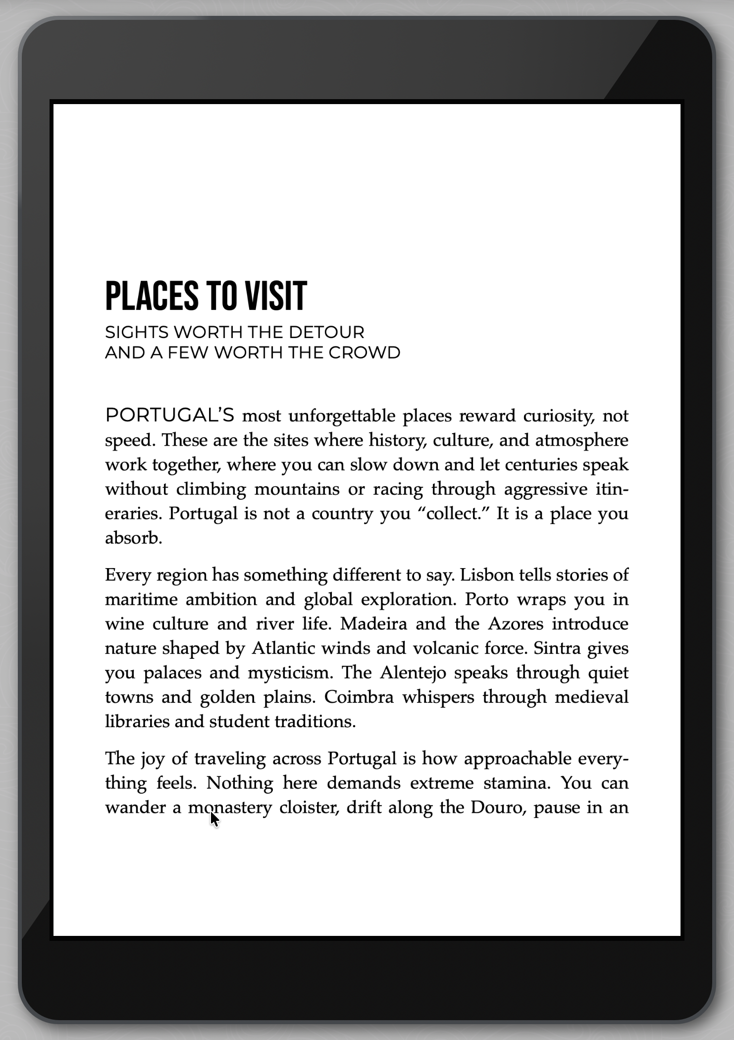 E-reader displaying a text document about places to visit in Portugal.