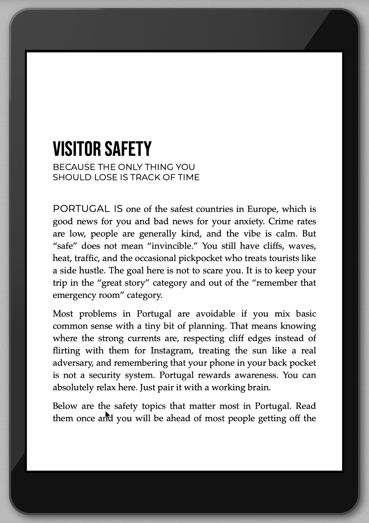 E-reader displaying text about visitor safety in Portugal