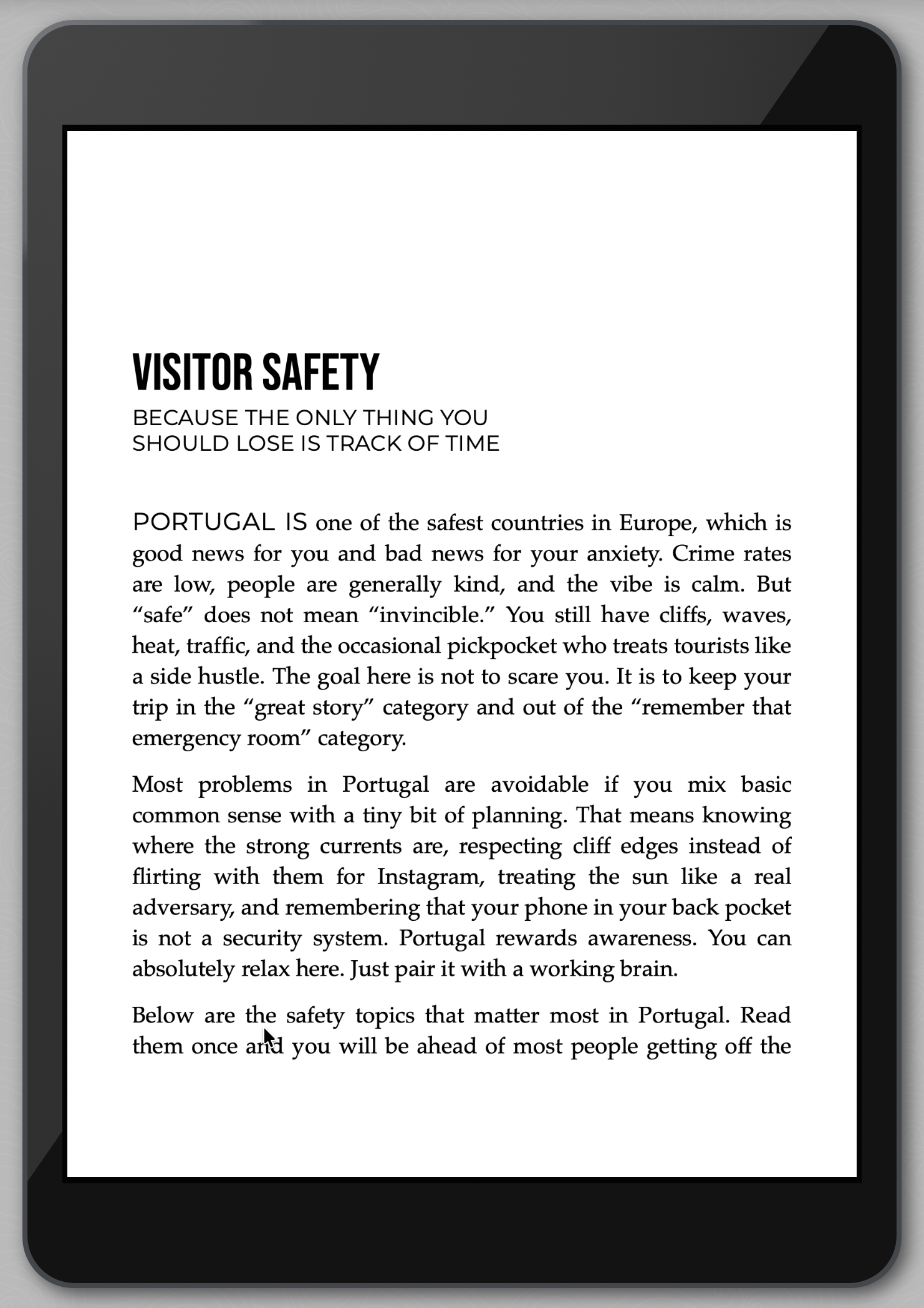 E-reader displaying text about visitor safety in Portugal