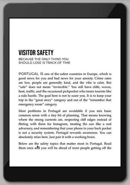 E-reader displaying text about visitor safety in Portugal