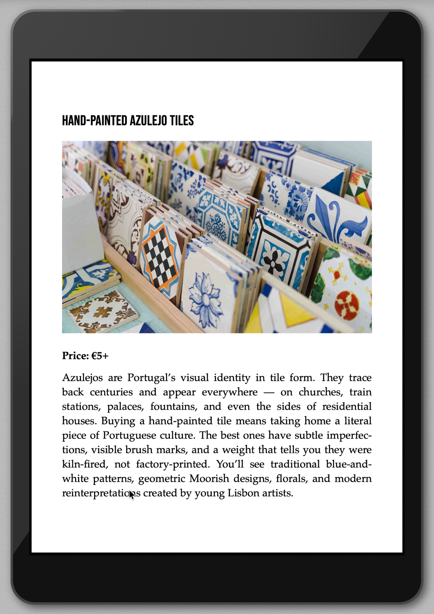 Hand-painted azulejo tiles displayed on a tablet screen with text about their significance.