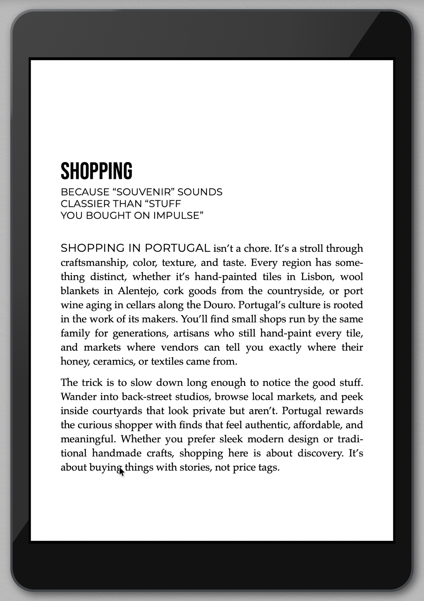 E-reader displaying a text about shopping in Portugal with a black border.