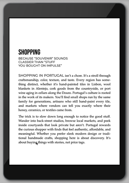 E-reader displaying a text about shopping in Portugal with a black border.