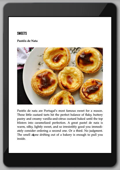 Plate of Pastéis de Nata with descriptive text on a tablet screen.