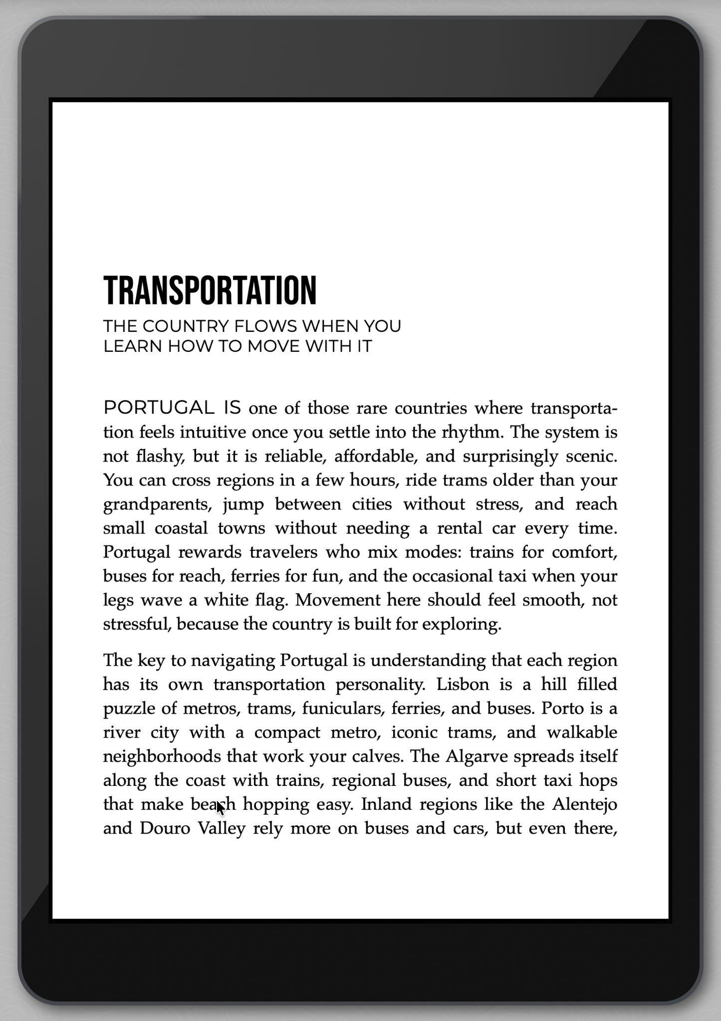 E-reader displaying a text about transportation in Portugal