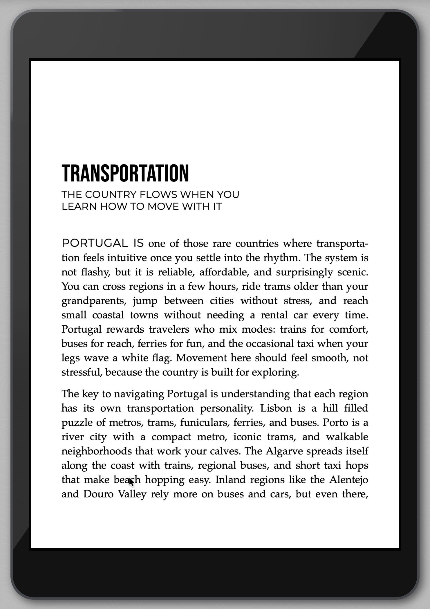 E-reader displaying a text about transportation in Portugal