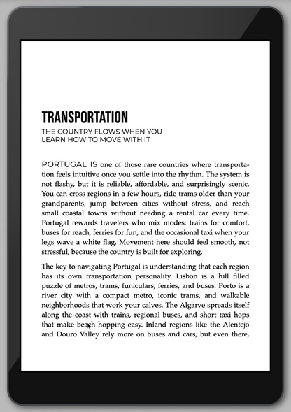 E-reader displaying a text about transportation in Portugal