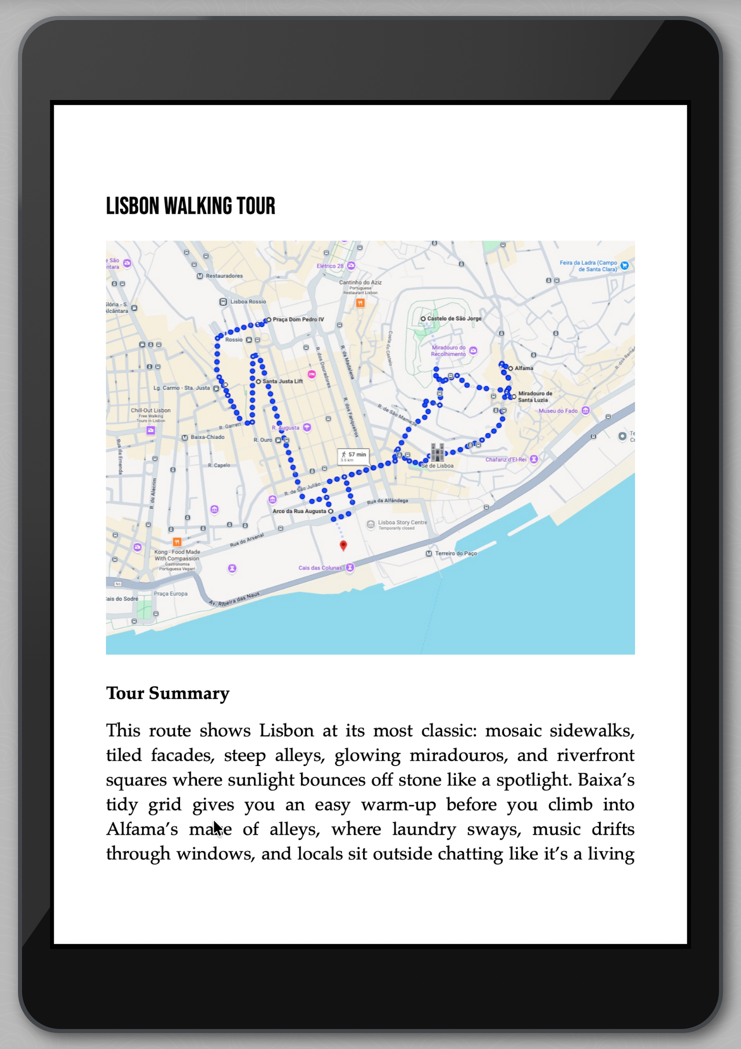 Map of Lisbon walking tour on a tablet screen
