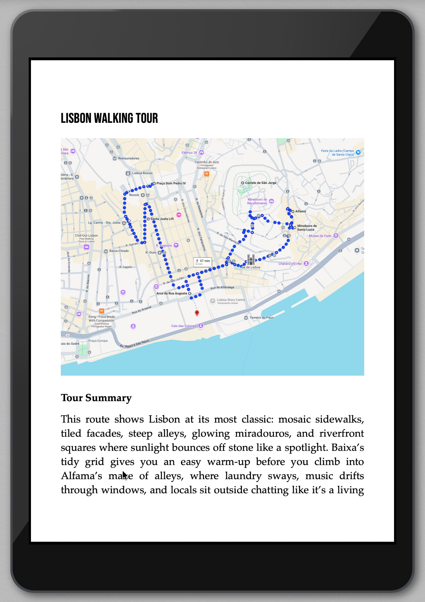 Map of Lisbon walking tour on a tablet screen