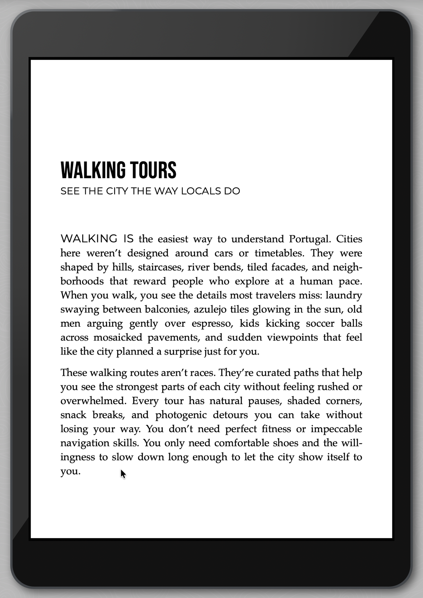 E-reader displaying text about walking tours in Portugal