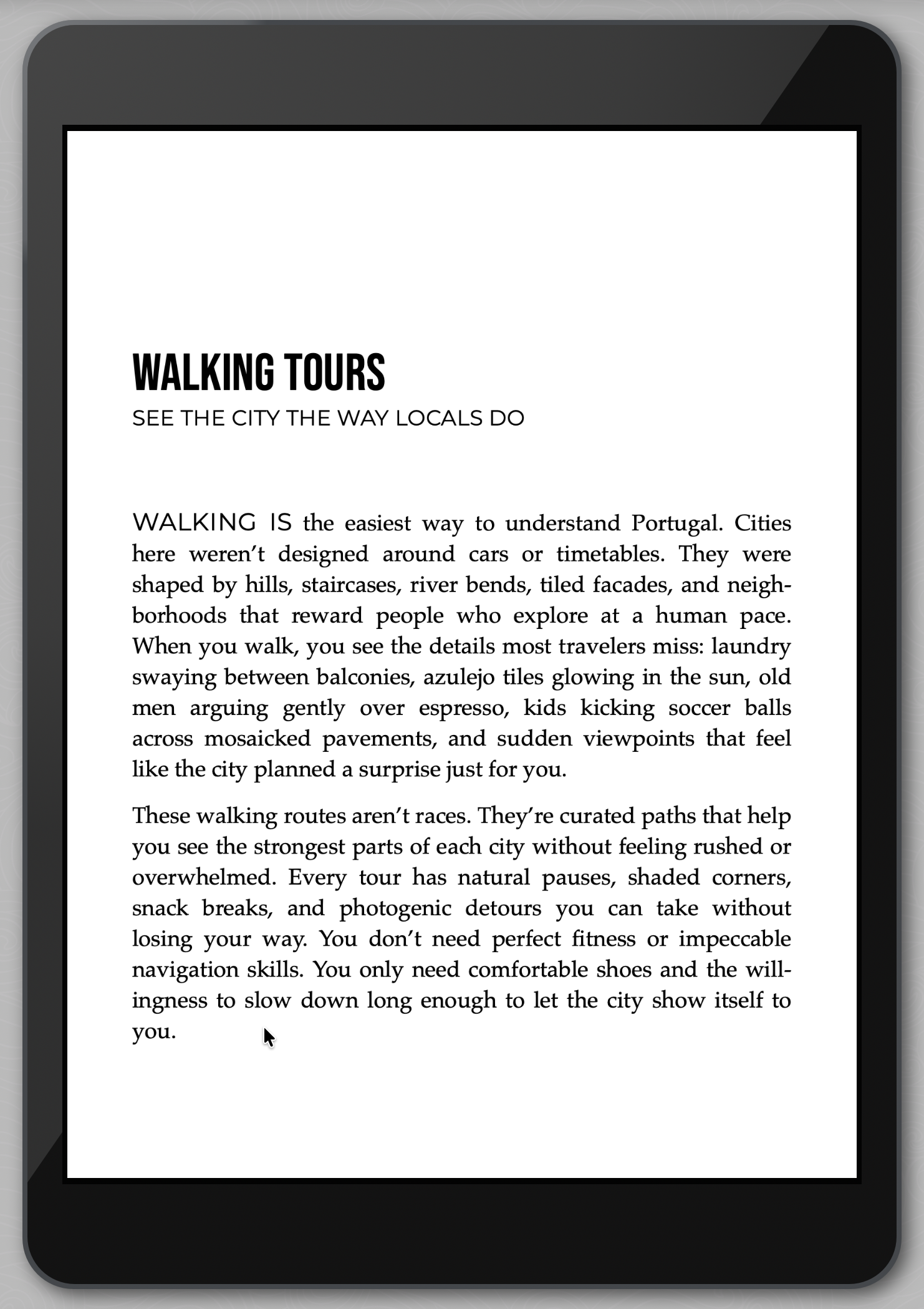 E-reader displaying text about walking tours in Portugal