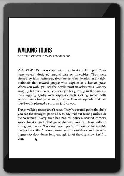 E-reader displaying text about walking tours in Portugal