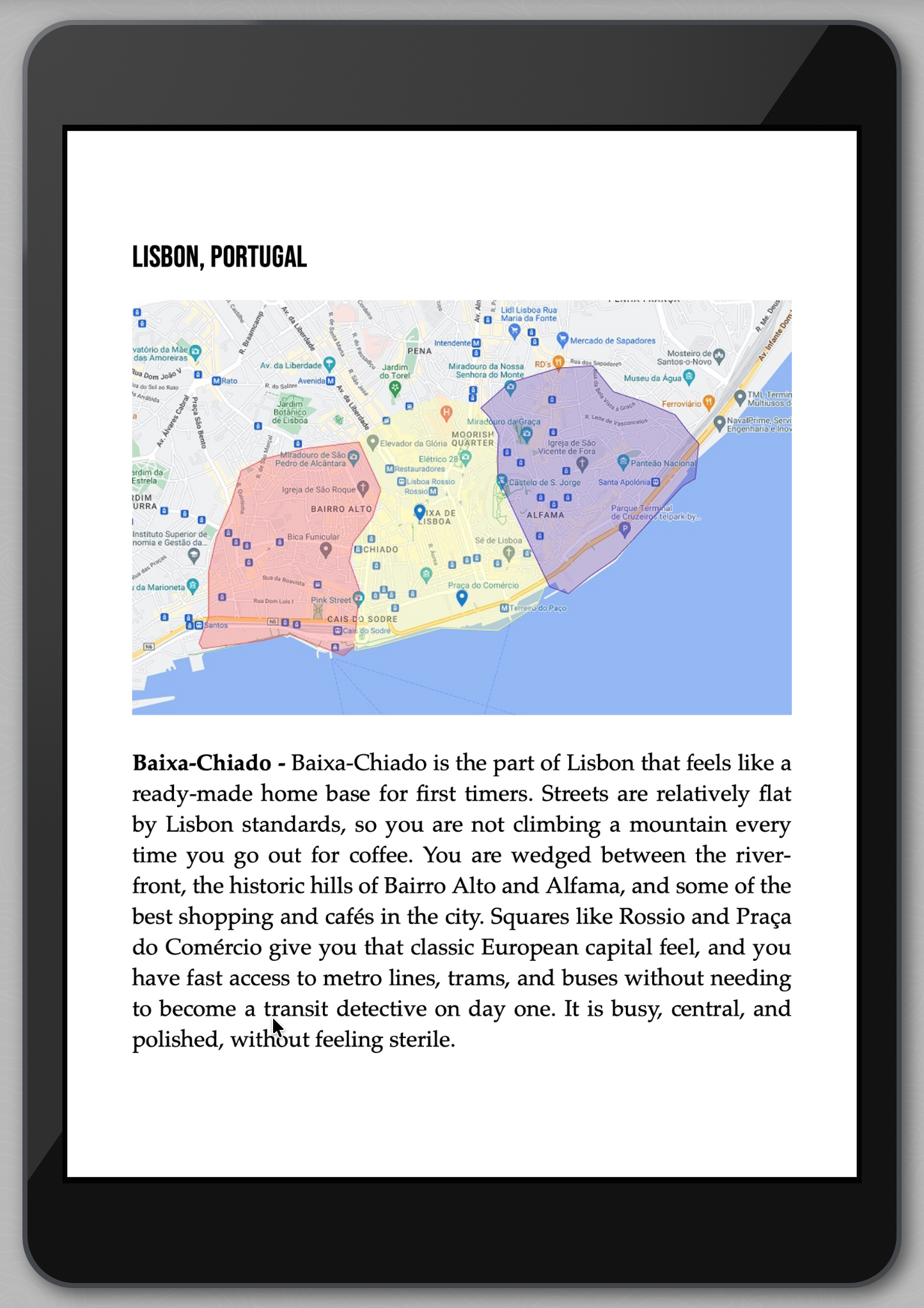 Map of Lisbon, Portugal displayed on a tablet screen.