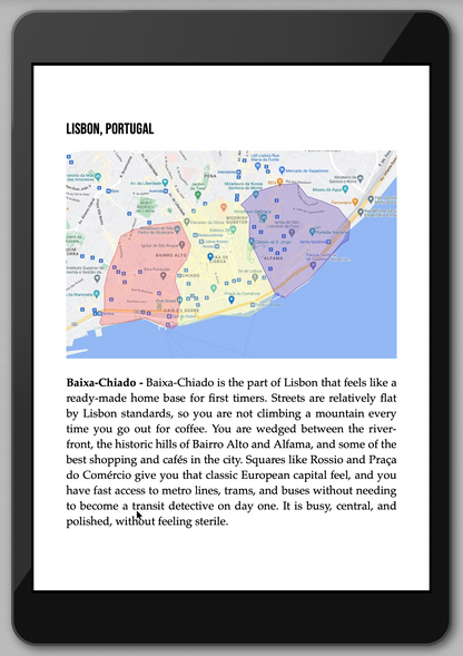 Map of Lisbon, Portugal displayed on a tablet screen.